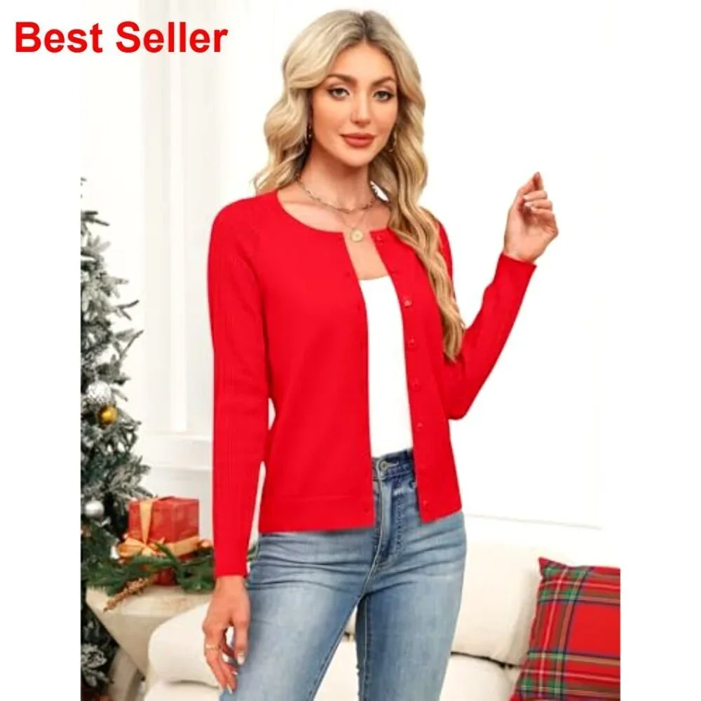 Button Up Cardigan Sweater Textured Sleeves Crew Neck Spring Summer
